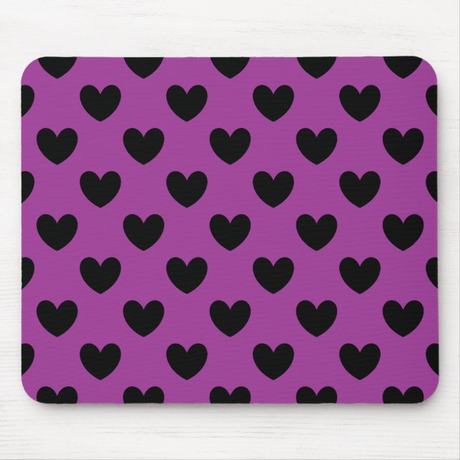 Black polka hearts on purple mouse pad (Front)