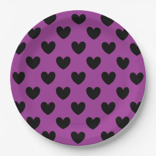 Black polka hearts on purple paper plate
