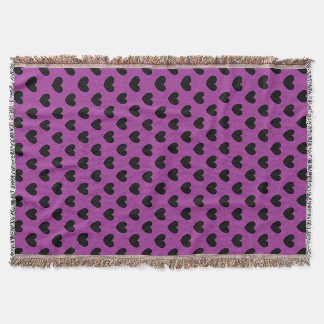 Black polka hearts on purple throw blanket (Front)