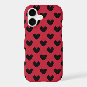 Black polka hearts on red