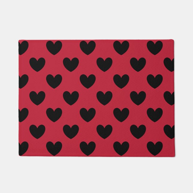 Black polka hearts on red doormat (Front)