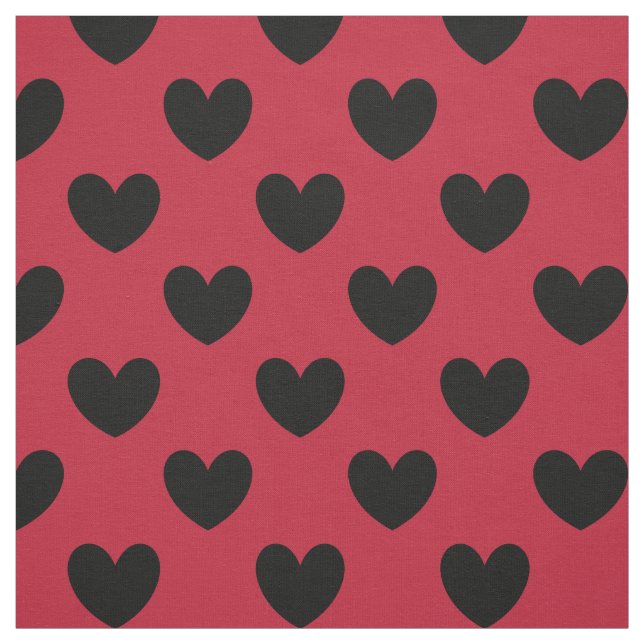Black polka hearts on red fabric (Swatch)