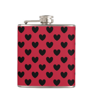 Black polka hearts on red hip flask