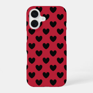 Black polka hearts on red iPhone 16 case