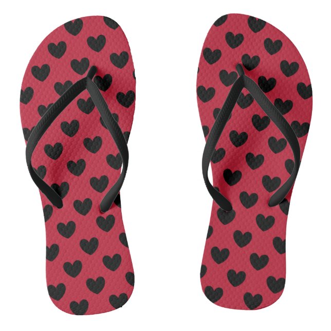Black polka hearts on red jandals (Footbed)