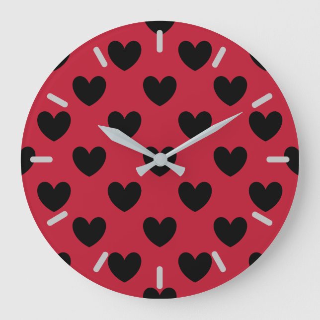 Black polka hearts on red large clock (Front)