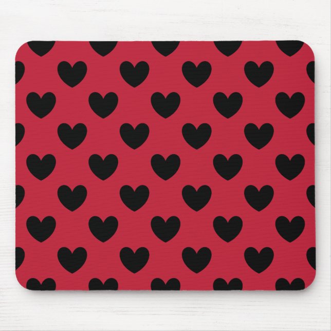 Black polka hearts on red mouse pad (Front)
