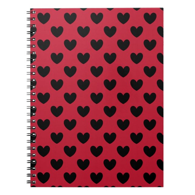 Black polka hearts on red spiral notebook (Front)