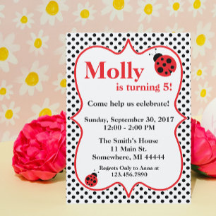 Black Polkadot Ladybug Birthday Party Invitation