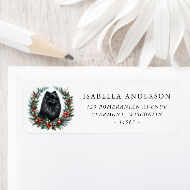 Black Pomeranian Christmas Wreath Return Address (Insitu)