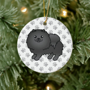 Black Pomeranian Cute Cartoon Dog & Paws Ceramic Tree Decoration