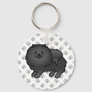 Black Pomeranian Cute Cartoon Dog & Paws Key Ring