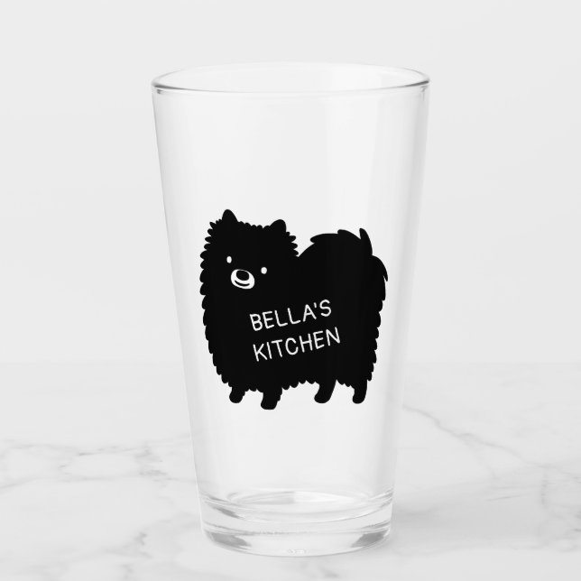 Black Pomeranian | Cute Dog with Custom Text Glass (Front)