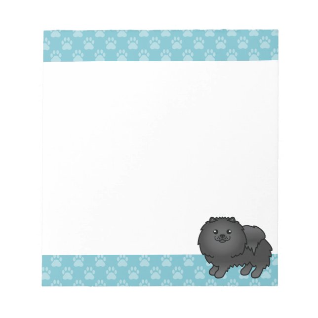 Black Pomeranian Dog Illustration And Blue Borders Notepad (Front)