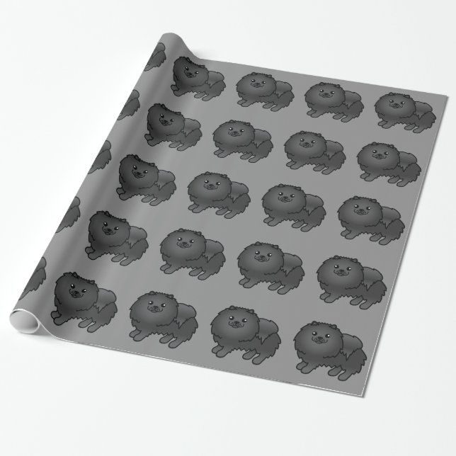 Black Pomeranian Dogs Pattern On Grey Wrapping Paper (Unrolled)