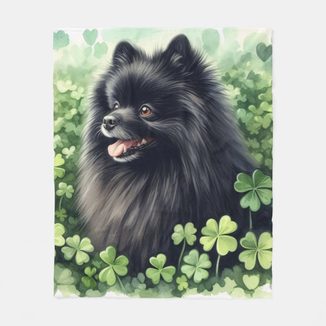 Black Pomeranian Green Shamrock Field Fleece Blanket (Front)