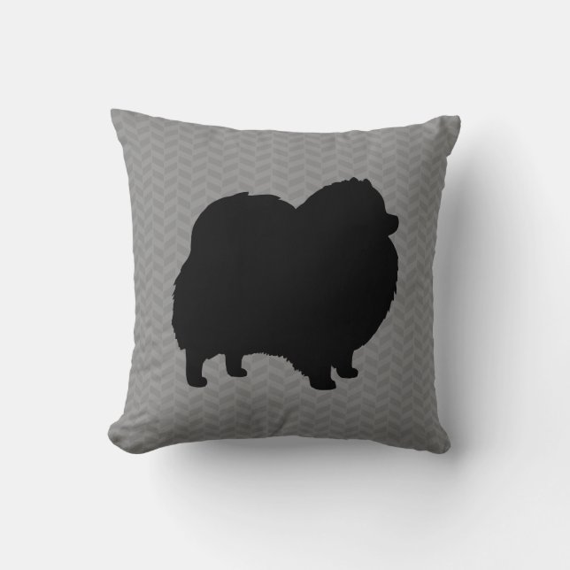 Black Pomeranian Silhouette | Grey Herringbone Cushion (Front)