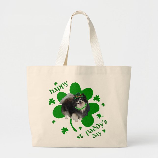 Black Pomeranian St Patricks Day Large Tote Bag (Front)