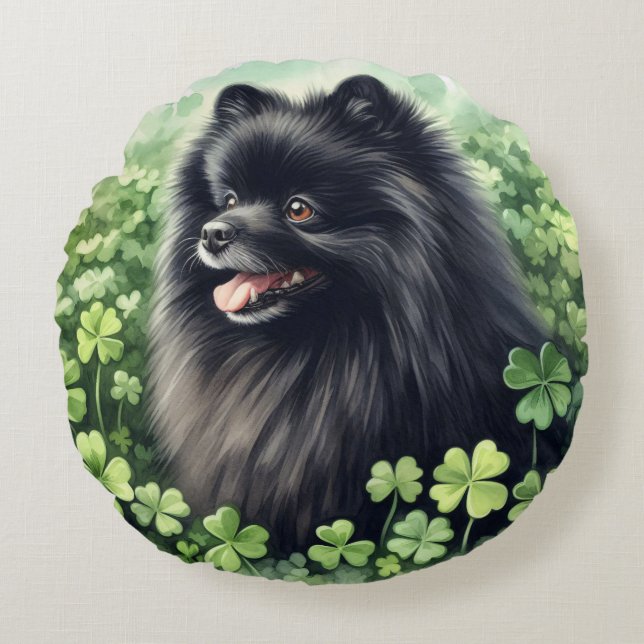 Black Pomeranian St Patricks Day  Round Cushion (Front)