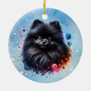 Black pomeranian watercolor illustration ceramic tree decoration