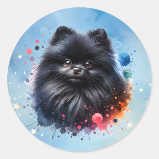 Black pomeranian watercolor illustration classic round sticker