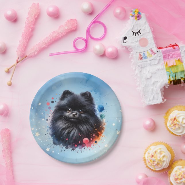 Black pomeranian watercolor illustration paper plate (Party)