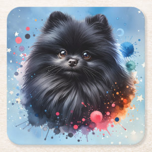 Black pomeranian watercolor illustration square paper coaster