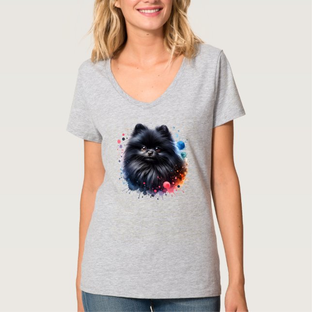 Black pomeranian watercolor illustration T-Shirt (Front)
