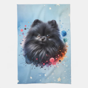Black pomeranian watercolor illustration tea towel