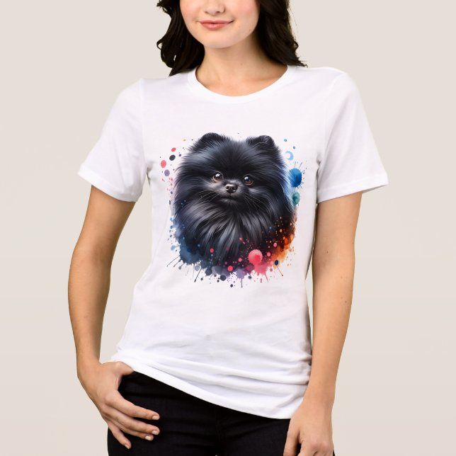Black pomeranian watercolor illustration Tri-Blend shirt (Front)