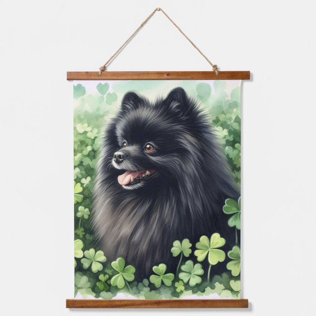 Black Pomeranian Watercolor St Patricks Day  Hanging Tapestry (Front)