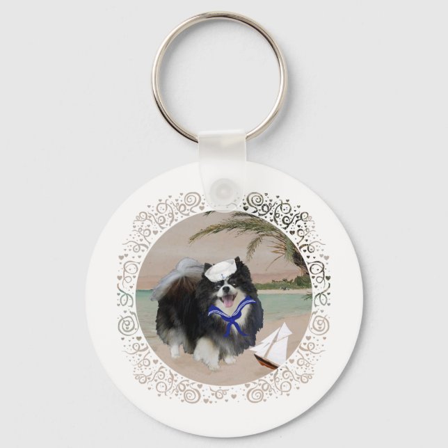 Black Pomeranian with Sailboat Key Ring (Front)