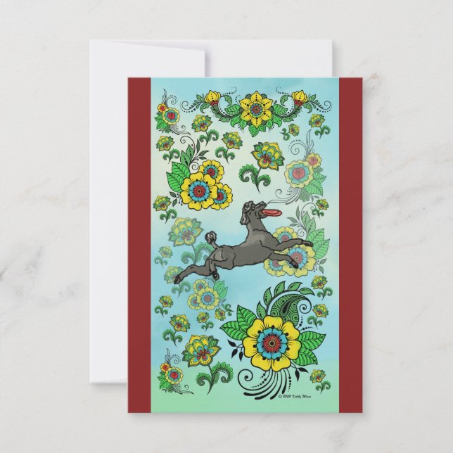 Black Poodle Catching a Frisbee Note Card (Front)