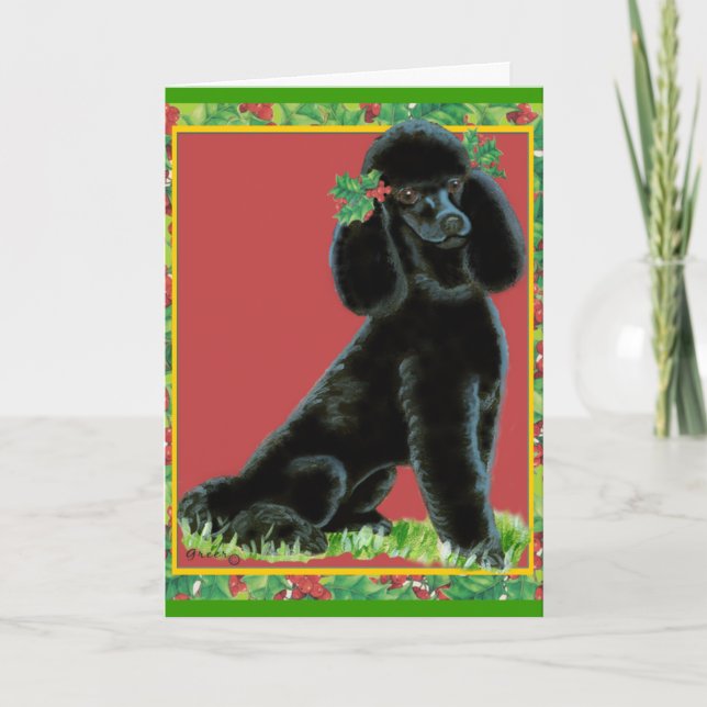 Black Poodle Christmas & Holiday Cards with Holly (Front)