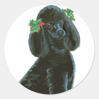 Black Poodle Christmas Holly Art Gifts & Cards Classic Round Sticker