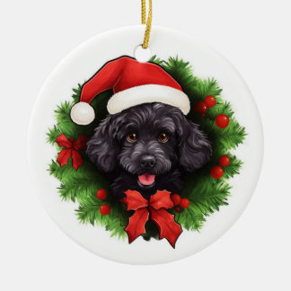 Black Poodle Christmas Wreath Ceramic Tree Decoration