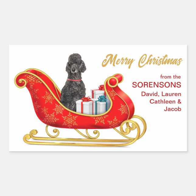 Black Poodle Dog Christmas Sleigh Rectangular Sticker (Front)