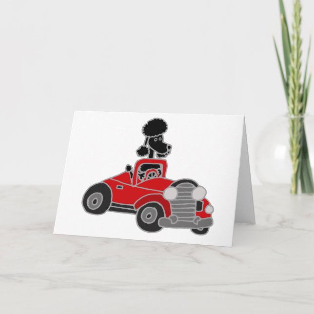 Black Poodle Driving Red Convertible Car Card (Front)