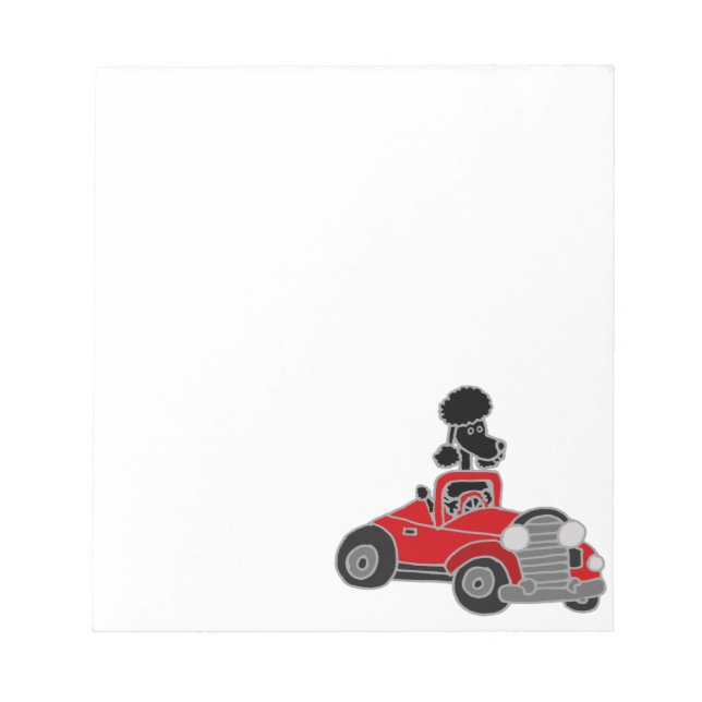 Black Poodle Driving Red Convertible Car Notepad (Front)
