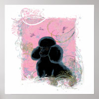 Black Poodle Hummingbirds Swirls Art Invitation