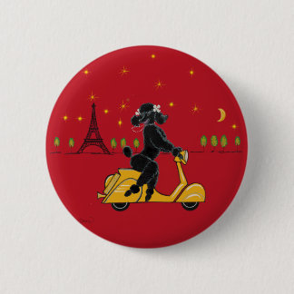 Black Poodle in Paris and Scooter 6 Cm Round Badge