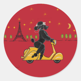 Black Poodle in Paris on Scooter Classic Round Sticker