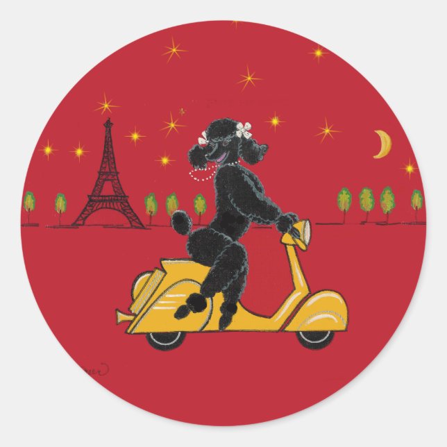 Black Poodle in Paris on Scooter Classic Round Sticker (Front)