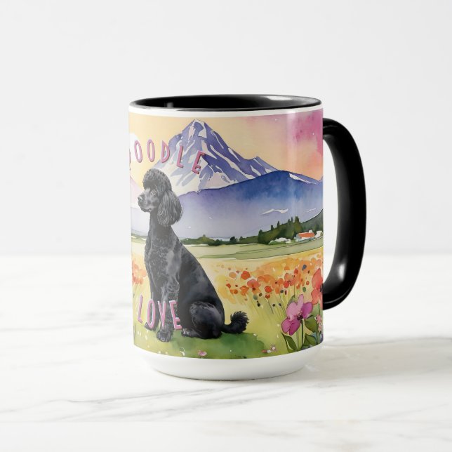 Black Poodle Mug, Customisable Farm Sunrise Mug (Front Right)