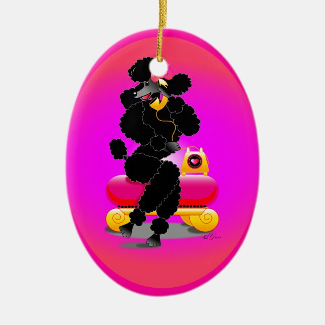 Black Poodle on Phone Retro Ornament (Front)