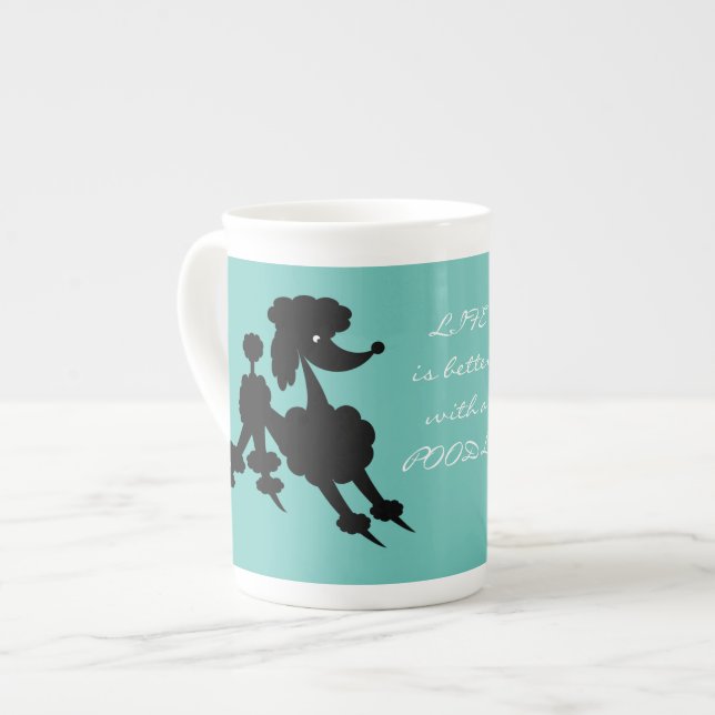 Black Poodle on Teal Bone China Mug (Front Left)