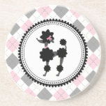Black Poodle / Pink and Grey Argyle Coaster<br><div class="desc">A coaster featuring an illustration of a black poodle with pink bow and collar inside a decorative black circle.  Background is pink and grey argyle.</div>