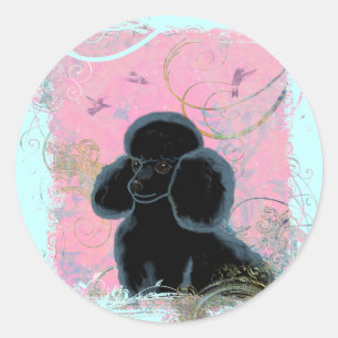 Black Poodle Portrait with Hummingbird. Classic Round Sticker