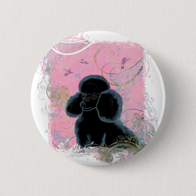Black Poodle Portrait with Hummingbirds Button PIn (Front)