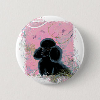 Black Poodle Portrait with Hummingbirds Button PIn